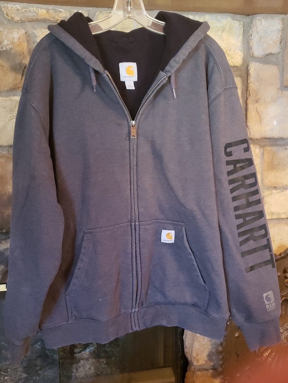 Carhartt Mens Charcoal Gray Zip Hoodie with Sleeve Logo